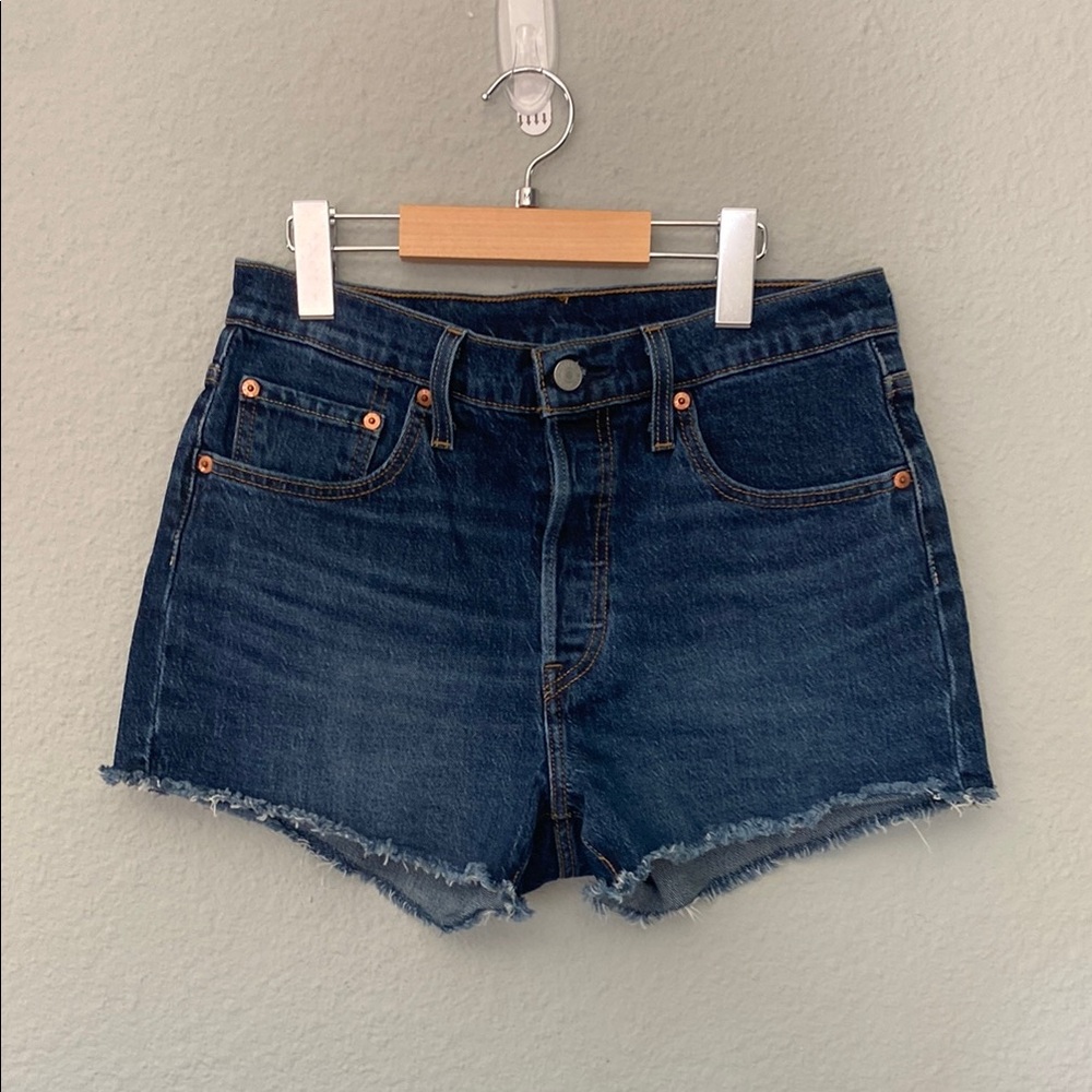 Levi's Blue High-Waisted Jean Shorts Distressed Hem